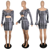 SC Plus Size Sexy Printed Flare Sleeve Hollow Mini Dress YIY-5251