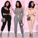 SC Sexy Solid Color Zipper Top And Sweatpants Two Piece Set CQF-932