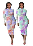 SC Long Sleeve Tie-dye Print Sexy Midi Dress YIBF-6013