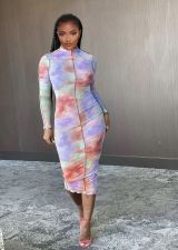 SC Long Sleeve Tie-dye Print Sexy Midi Dress YIBF-6013