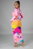 SC Sexy Map Print Turtleneck Long Sleeve Slim Maxi Dress SFY-218