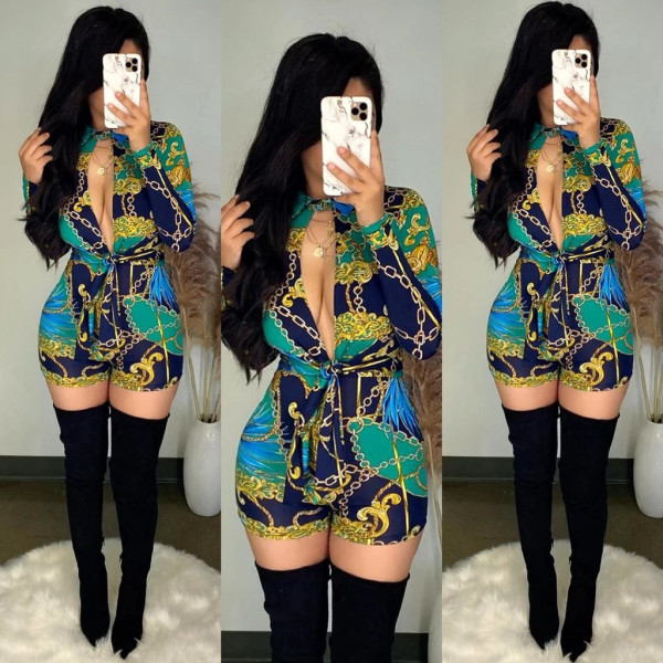 SC Sexy Chain Print Deep V Neck Rompers LUO-3127