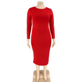 SC Plus Size 5XL Solid Color Long Sleeve Skinny Bodycon Midi Dress Without Belt OSIF-20972