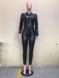 SC Plus Size PU Leather Long Sleeve Belted Slim Jumpsuits OD-8414