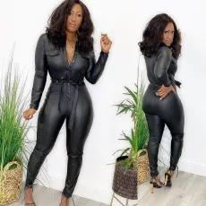SC Plus Size PU Leather Long Sleeve Belted Slim Jumpsuits OD-8414