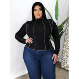 SC Plus Size 5XL Solid Ribbed Long Sleeve Pullover Tops ASL-7011