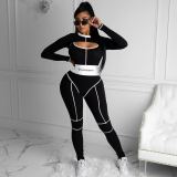 SC Ribbed Embroidery Letter Sleeveless Jumpsuits+Full Sleeve Crop Tops 2 Piece Sets MEM-8324