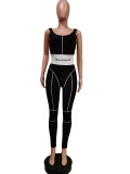 SC Ribbed Embroidery Letter Sleeveless Jumpsuits+Full Sleeve Crop Tops 2 Piece Sets MEM-8324