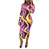 SC Sexy Printed Turtleneck Full Sleeve Slim Long Dress LSL-6183