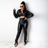 SC Fashion Solid Color PU Leather Long Sleeve And Pants Ruched Suit FENF-055