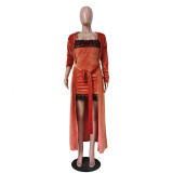SC Sexy Velvet Strap Mini Dress+Long Cloak 2 Piece Sets TR-1095
