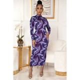 SC Sexy Printed Long Sleeve Zipper Slim Maxi Dress ASL-6330