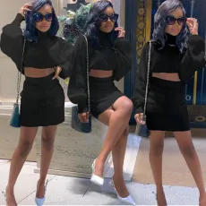 SC Casual Sexy Puff Sleeve Pocket Skirt Solid Color Sets JPF-1020