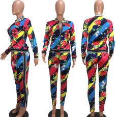 SC Plus Size Floral Print Zipper Jacket Pants 2 Piece Sets DAI-8045