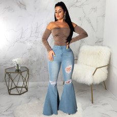 SC Plus Size Denim High Waist Ripped Hole Flared Jeans HSF-2376