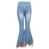 SC Plus Size Denim Tassel Hole Stretch Flared Jeans HSF-2356