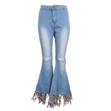 SC Plus Size Denim Tassel Hole Stretch Flared Jeans HSF-2356