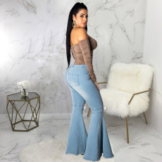 SC Plus Size Denim High Waist Ripped Hole Flared Jeans HSF-2376