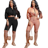 SC Solid Long Sleeve Top Ruched Shorts 2 Piece Sets OMY-8110