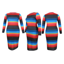 Plus Size Rainbow Striped Full Sleeve Long Dress YD-8357