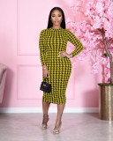 SC Houndstooth Print Long Sleeve Midi Dress TR-1098