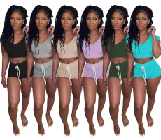 SC Sexy Solid Short Sleeve Two Piece Shorts Set TR-1101