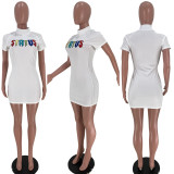 SC White Short Sleeve Letter Embroidery Mini Dress XSF-6028