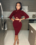 SC Sexy Ribbed Slash Neck Long Sleeve Midi Skirt 2 Piece Sets MAE-2075