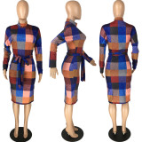 SC Plaid Print Long Sleeve Split Sashes Knee Length Dress MN-9285