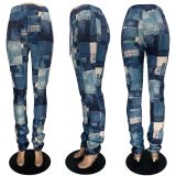 SC Fashion Imitation Denim Print Drawstring Stacked Pants YFS-3618