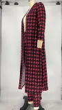 SC Plus Size Houndstooth Print Long Cloak+Pants 2 Piece Sets XMY-9293