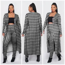 SC Plus Size Houndstooth Print Long Cloak+Pants 2 Piece Sets XMY-9293
