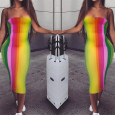 SC Sexy Rainbow Striped Strapless Bodycon Midi Dress RUF-8178