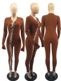SC Sexy Ribbed Lace Up Long Sleeve Slim Jumpsuits FOSF-8038