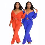 SC Solid V Neck Long Sleeve Two Piece Sets FOSF-8010