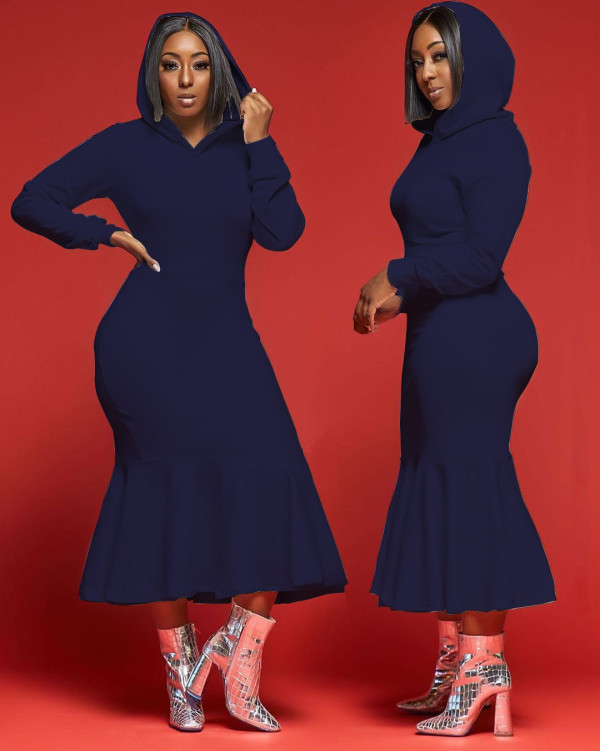 SC Solid Hooded Long Sleeve Mermaid Midi Dress FOSF-8034