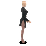SC Tight Sexy Black Long Sleeve Split Mini Dress YIBF-6038