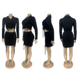 SC Black Long Sleeve Drawstring Ruched Mini Skirt Sets ZNF-8015