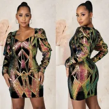 SC Sexy Sequin Long Sleeve Zipper Nightclub Party Dress LX-6050