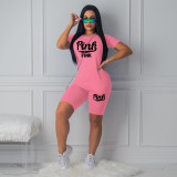 SC Pink Letter Print T Shirt Shorts Two Piece Sets TE-4211