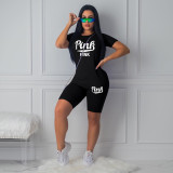 SC Pink Letter Print T Shirt Shorts Two Piece Sets TE-4211