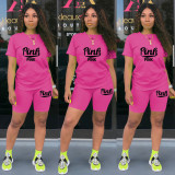 Pink Letter Print Casual Two Piece Short Sets TE-4198