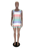 SC Plus Size Sports Casual Color Striped Print Vest Shorts 2 Piece Set MX-1125
