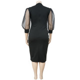 SC Plus Size Mesh Perspective Splice Sleeve Solid Color Slim Midi Dress NNWF-7020