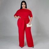 SC Plus Size Fashion Solid Color Oblique Shoulder Wide-leg Jumpsuit NNWF-7052