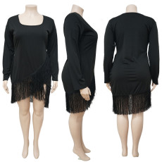 SC Plus Size Black Long Sleeve Tassel Sexy Nightclub Dress NNWF-7057