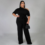 SC Plus Size Fashion Solid Color Oblique Shoulder Wide-leg Jumpsuit NNWF-7052