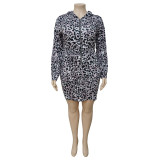 SC Plus Size Fashion Hooded Leopard Print Slim Long Sleeve Mini Dress NNWF-7049