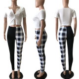 SC Spring Summer Sexy Short Sleeve Top And Splice Plaid Pants 2 Piece Set BDF-210204