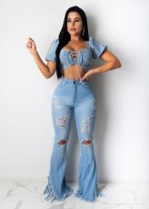 SC Plus Size Denim Ripped Hole Tassel Flared Jeans LSD-8715